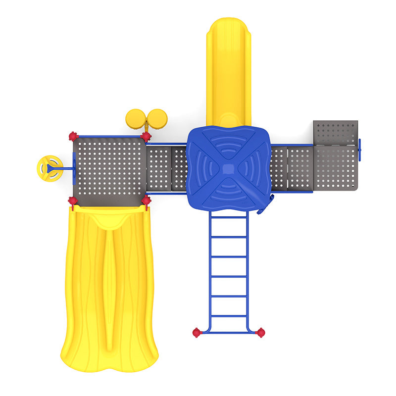 Overhead view of a vibrant playground with double yellow slide, blue climbing ladder, platforms, and sensory play elements