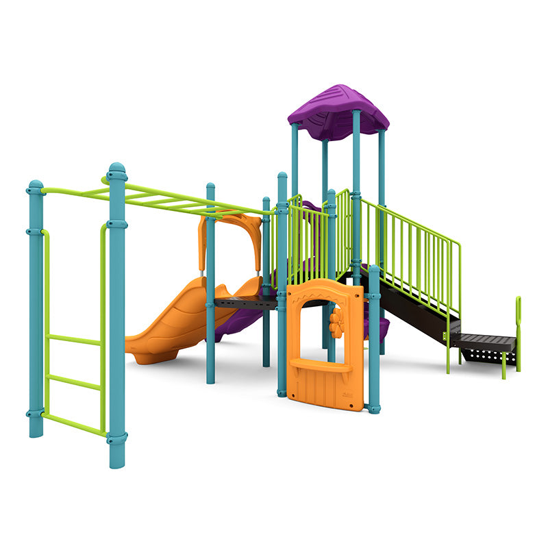 Colorful inclusive playground with double slides, climbing ladder, sensory panel, and ADA transfer station for outdoor play.