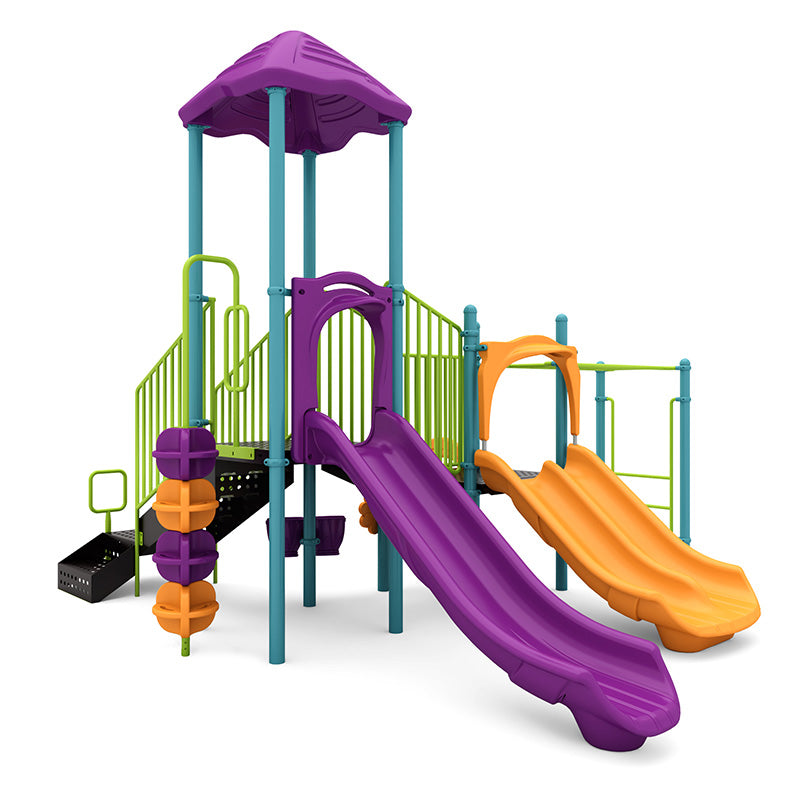 Colorful playground structure with purple and orange slides, green railings, challenge ladder, pod climber, and sensory rain wheel