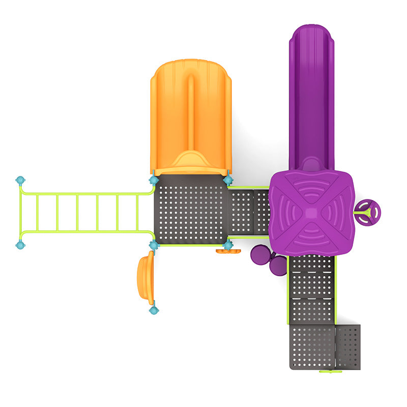 Overhead view of colorful playground with orange and purple slides, green ladder, climbing platforms, and sensory rain wheel