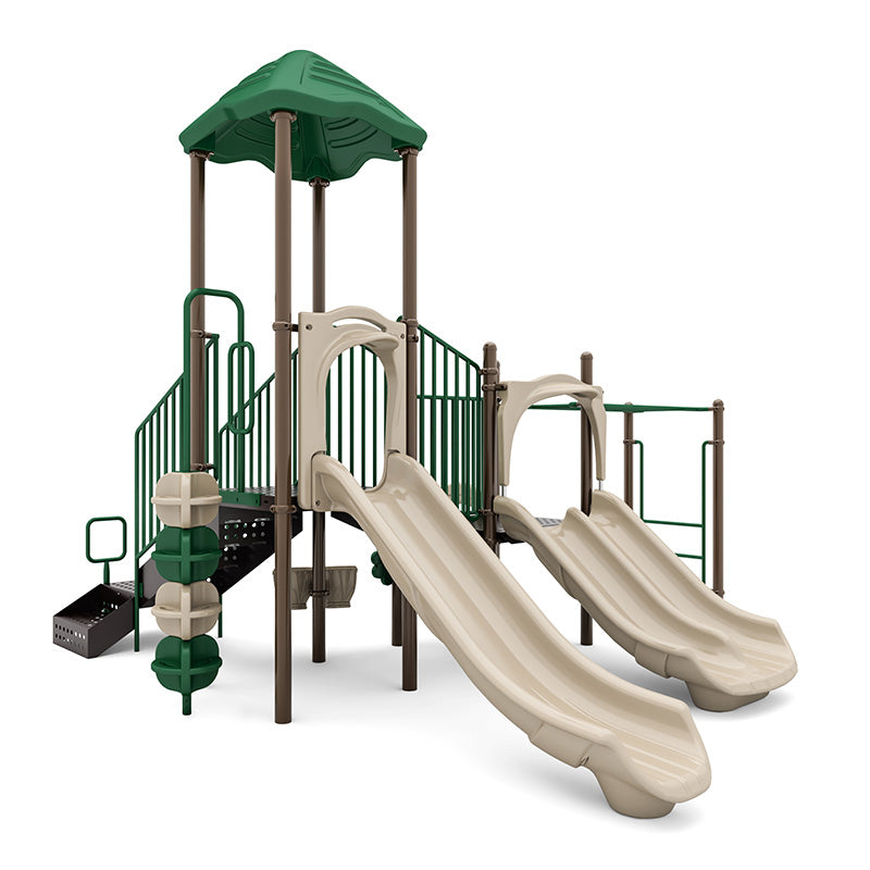 Playground with double beige slides, green roof, pod climber, challenge ladder, and ADA transfer station