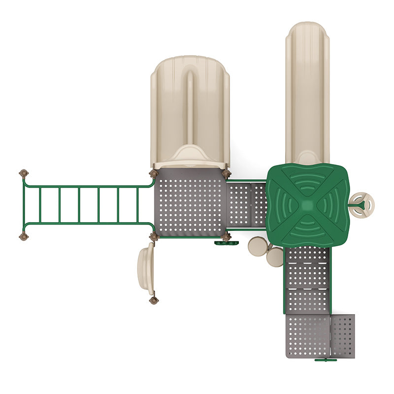 Overhead view of playground with two beige slides, green challenge ladder, pod climber, and sensory rain wheel