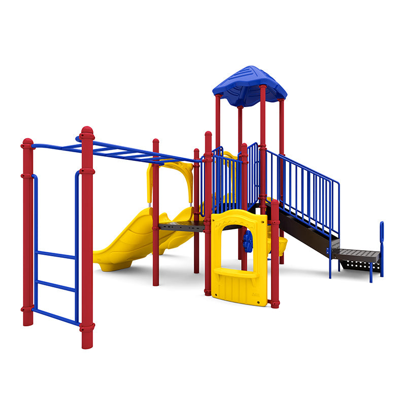 Colorful playground structure with red posts, blue railings, yellow slides, climbing ladder, pod climber, and small roofed platform