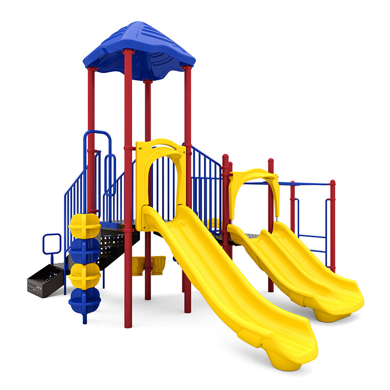 Colorful playground structure with double yellow slides, red posts, blue railings, challenge ladder, sensory rain wheel, and pod climber