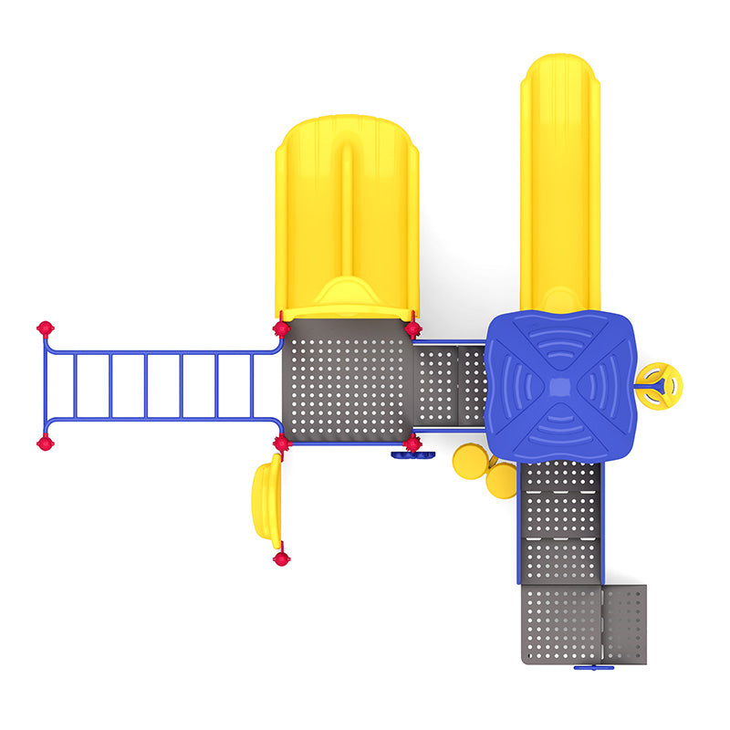 Overhead view of colorful playground with yellow slides, blue climbing ladder, sensory play elements, and tunnel structure