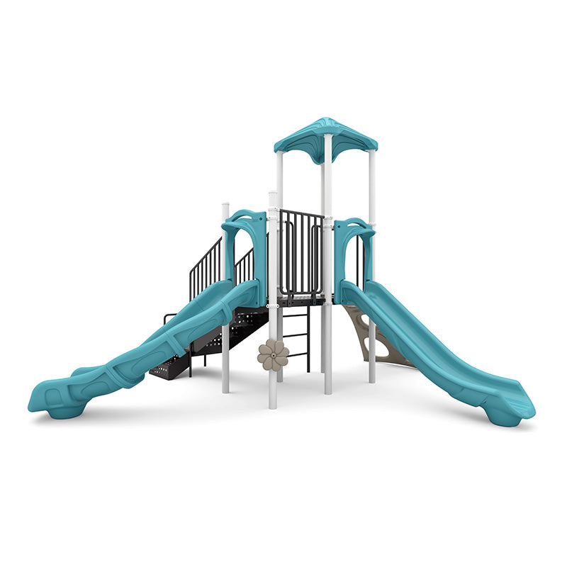 Playground structure with two blue slides, a straight rung climber, rain wheel, and shaded platform for active play and exploration