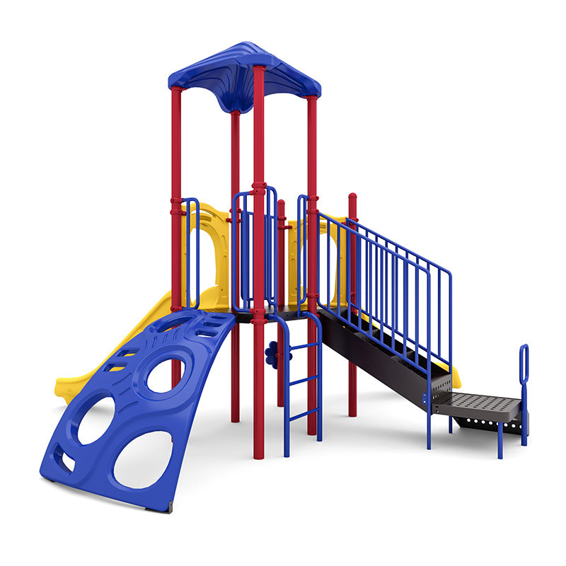 Colorful playground with blue climbing wall, yellow slides, red posts, blue railings, canopy roof, and ramp access