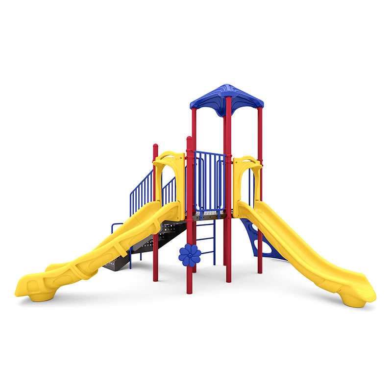 Colorful playground structure with yellow slides, red posts, blue railings, flower-shaped rain wheel, and shaded platform.