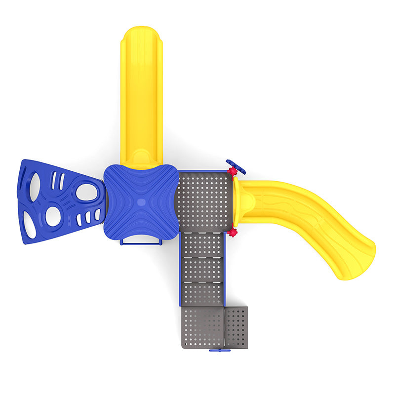 Overhead view of colorful playground with yellow slides, blue climbing panels, and perforated platforms in a large play system