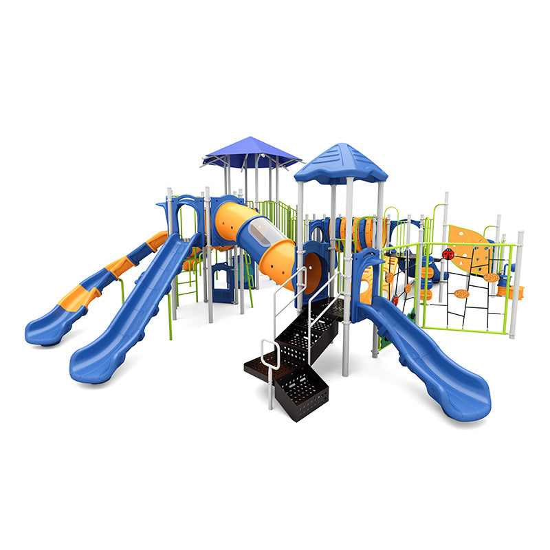 Bone Bridge Rapids Playground featuring blue and orange slides, climbing nets, tunnels, and shaded platforms for active children's play