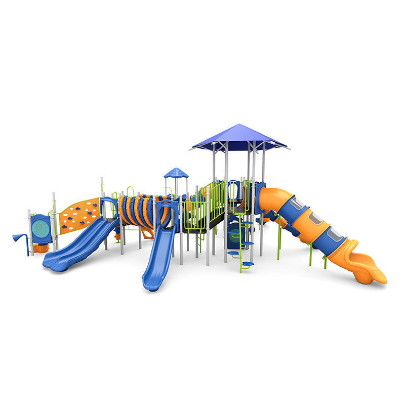 Colorful playground structure with multiple slides, climbing nets, tunnels, and a shaded platform designed for active play and accessibility.
