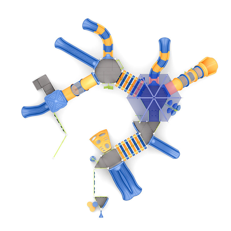 Overhead view of a colorful playground featuring multiple slides, climbers, bridges, and platforms in blue and yellow.