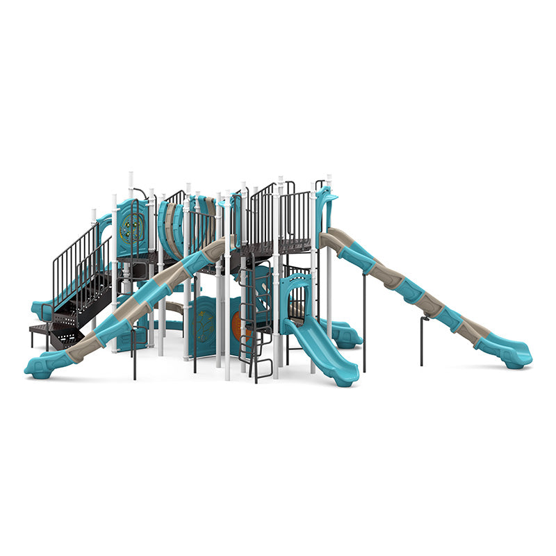 West Bay Playground large play system with multiple slides, climbing structures, interactive panels, and vibrant blue and beige colors.