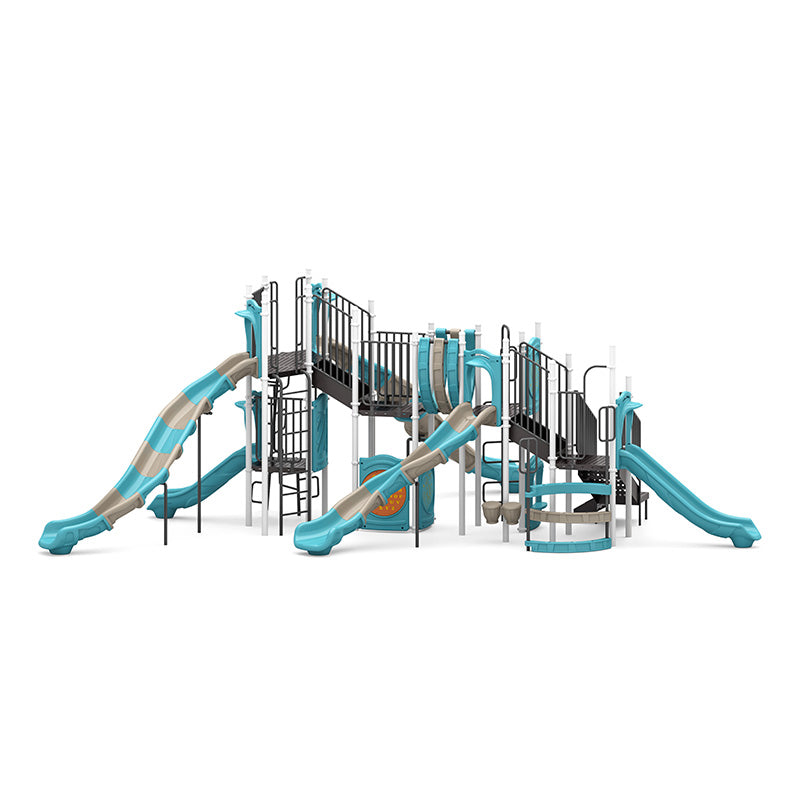Large blue and gray playground with multiple slides, climbing structures, bridges, and interactive panels for inclusive play.