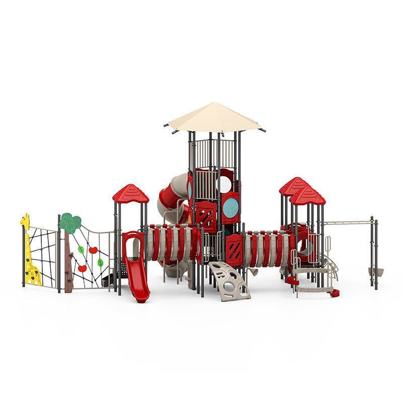Karoo Lookout Playground with red towers, 10 ft spiral tube slide, tunnel bridge, giraffe net climber, and activity panels for kids 2-12