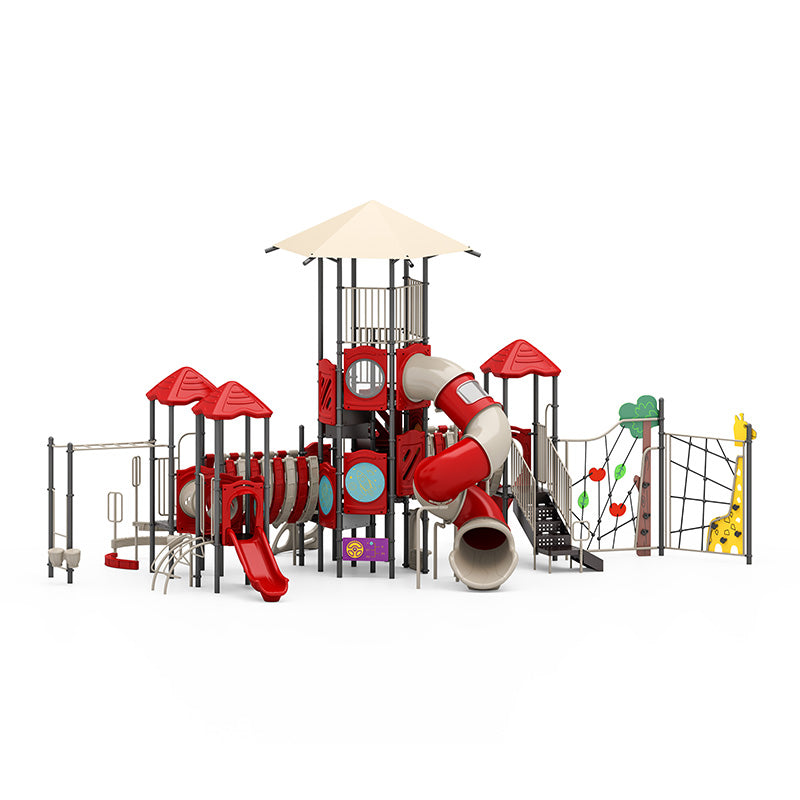 Colorful playground with spiral tube slide, giraffe net climber, interactive panels, rope net shaped like animals, and multiple climbing structures.