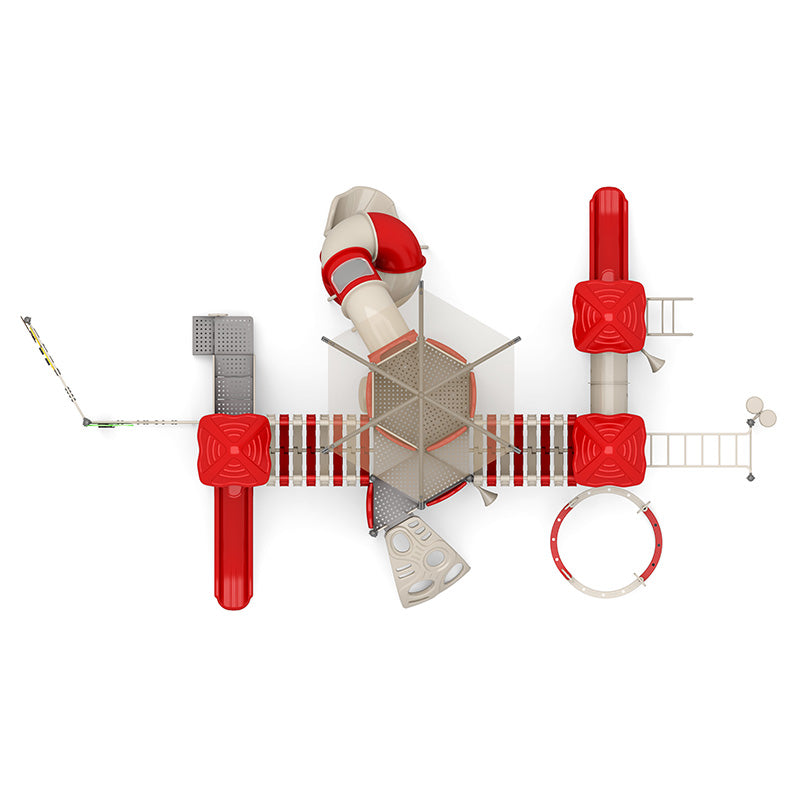 Overhead view of a large playground with red roofs, spiral tube slide, climbers, bridges, and interactive play panels