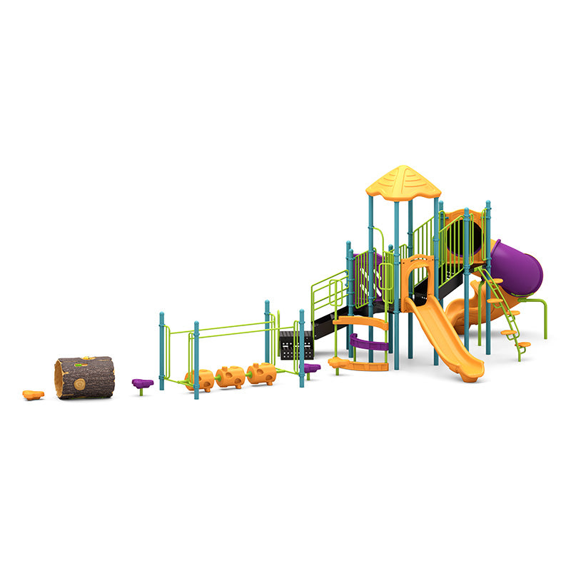 East Bank Racer Playground with yellow roof, orange slides, purple S-shape tube slide, green climbing features, and ADA Transfer Station