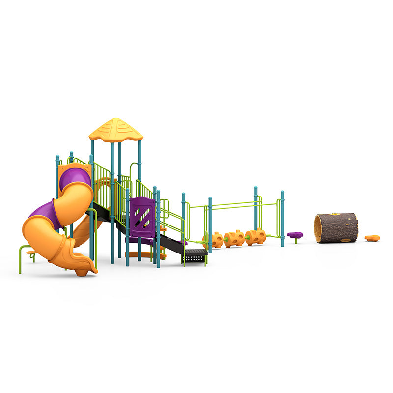 Colorful playground structure with yellow roof, purple and orange tube slide, climbing elements, and log tunnel for inclusive play.