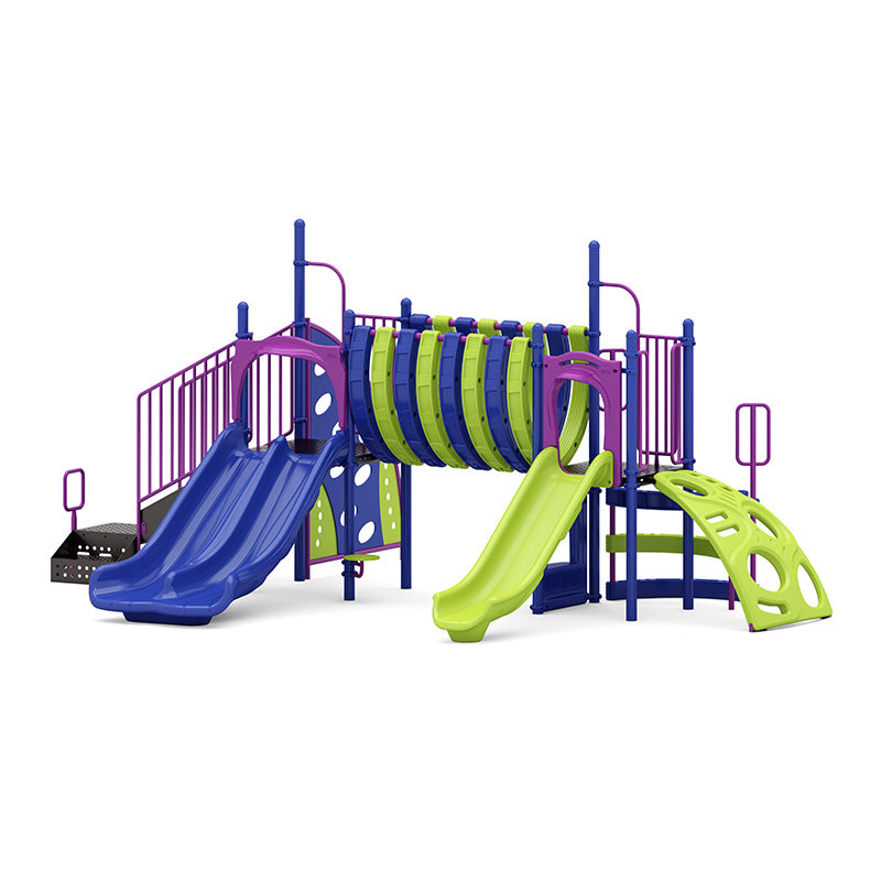 Bluewater Cove Playground with blue double slides, green single slide, purple and green tunnel bridge, climbing wall, and vibrant play features