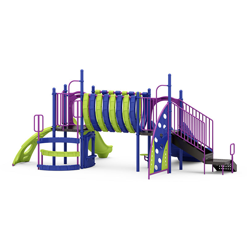 Colorful playground structure with blue, purple, and green slides, climbing elements, and a tunnel bridge for active play.