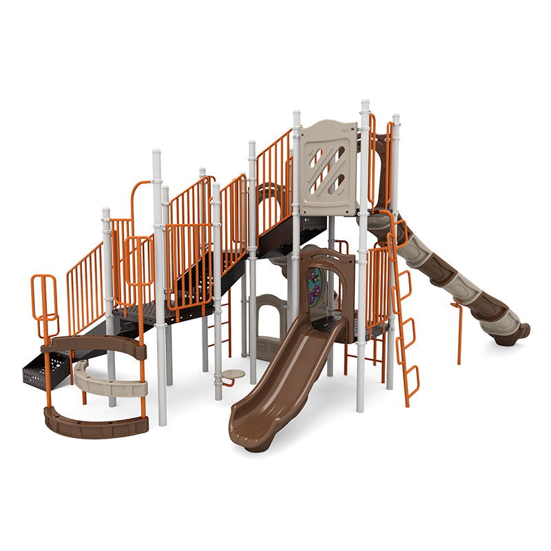 San Pedro Playground large play system with brown and orange slides, climbers, and interactive panels for inclusive outdoor fun