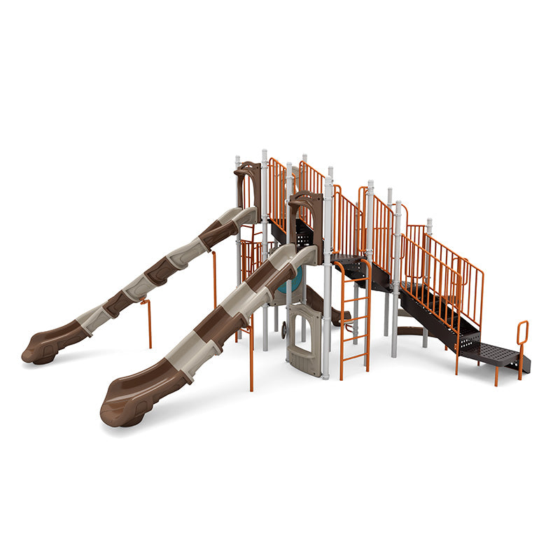Large playground structure with dual brown and beige slides, orange railings, climbing ladders, and multiple platforms.