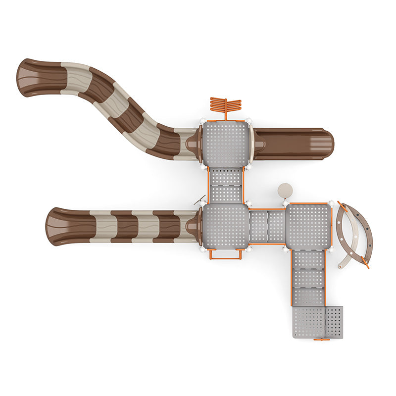 Overhead view of a modular playground with sectional slides, climbers, platforms, and interactive panels in brown and beige tones
