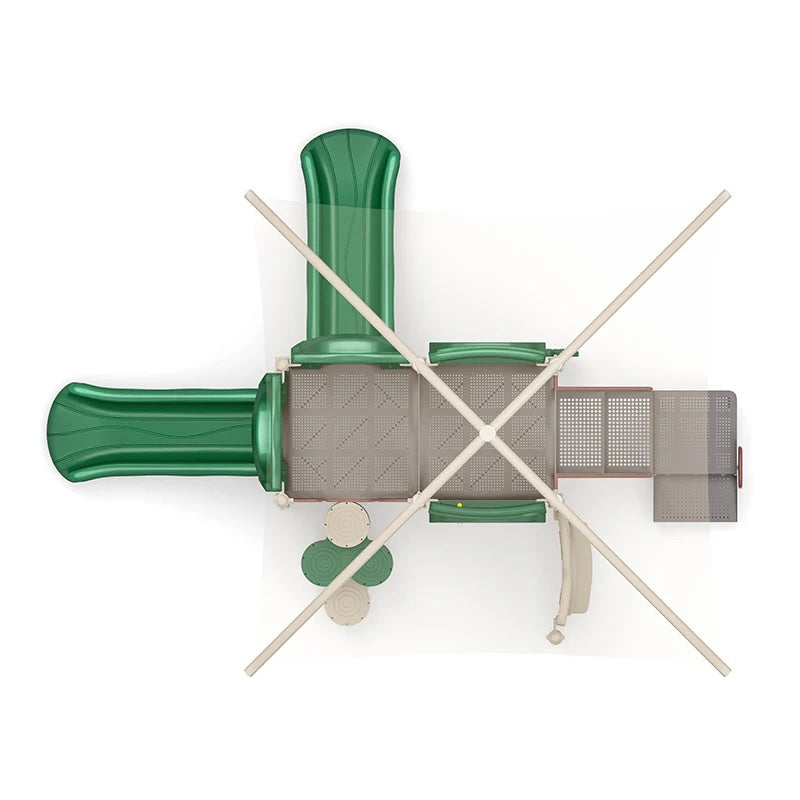 Overhead view of green and beige playground structure with two straight slides, climbing trunk, ADA transfer station, and activity panels