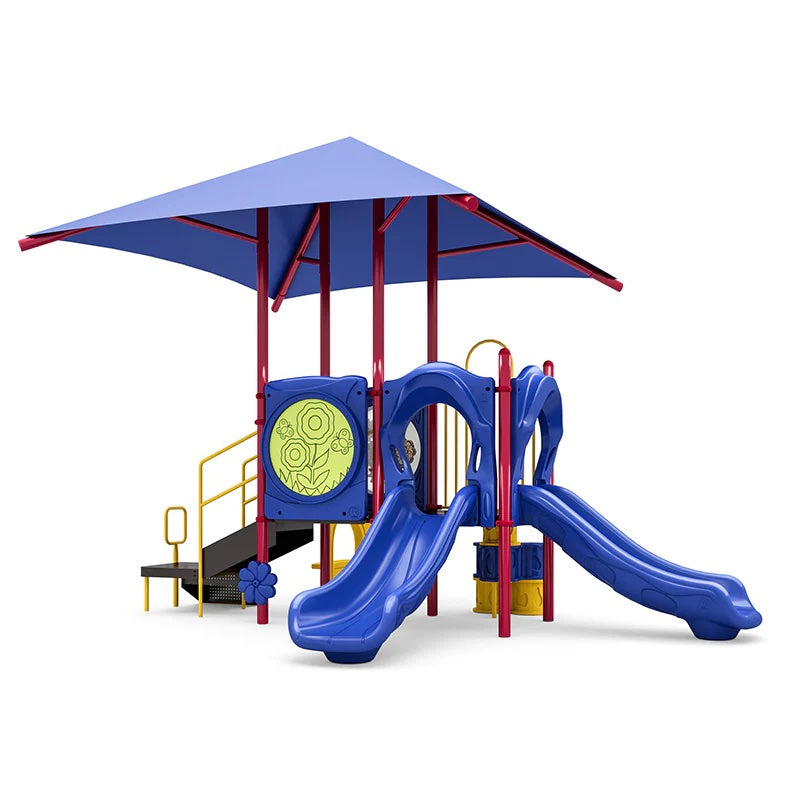 Blue and red playground structure with two straight slides, shade roof, stairs, ADA transfer station, and interactive panels for young children