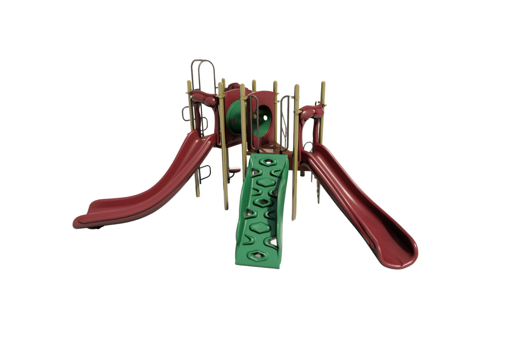 Wallow Hollow Playground featuring dual red slides, green climbing wall, crawl tunnel, steel posts, and sensory play elements