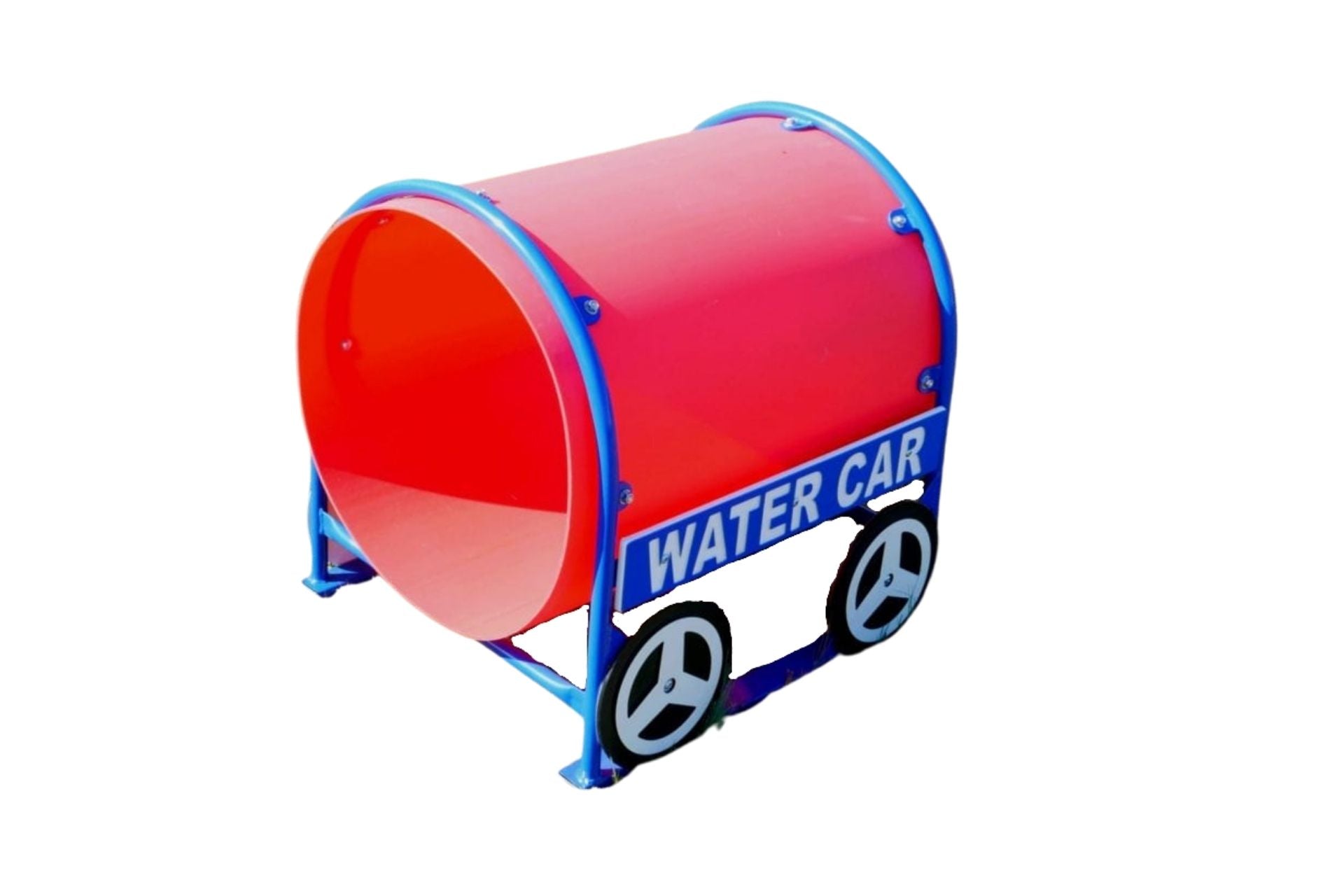 Red cylindrical tunnel play structure with blue frame and black-and-white construction wheel graphics for playground teamwork play.