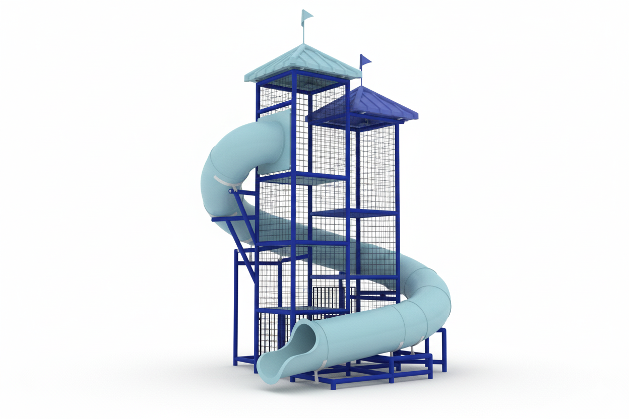 Lake Erie Water Slide with curved light blue flume, blue metal frame, mesh safety netting, and dual peaked roofs over outdoor pool setting