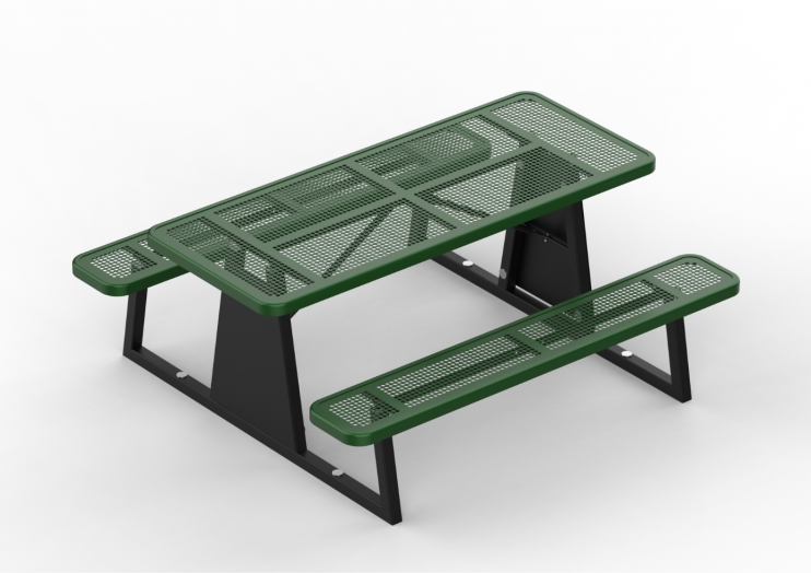 Brandmark Thermoplastic Table with green powder-coated steel frame and mesh-style recycled plastic planks, durable outdoor picnic table