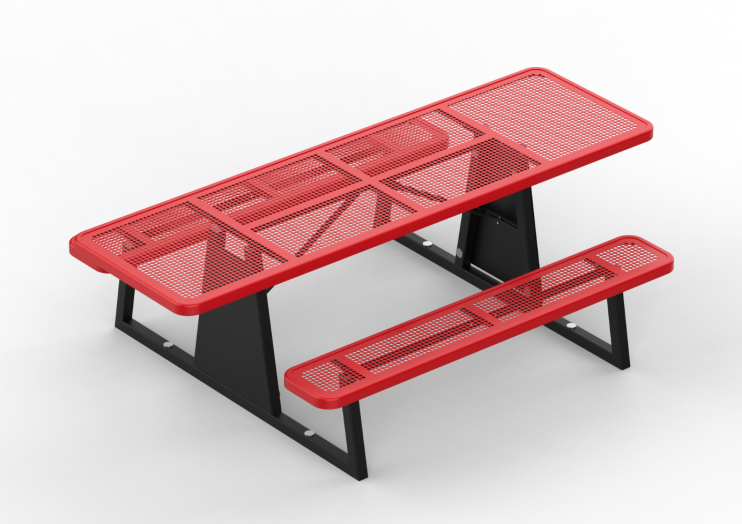 Outdoor picnic table with red thermoplastic mesh top and bench, black powder-coated steel frame, zinc hardware