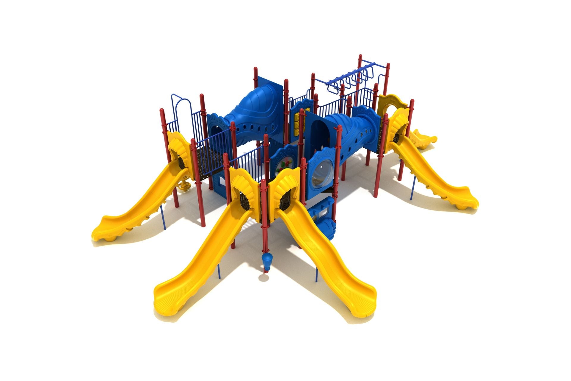 Willamette Playground large play system with yellow slides, blue tunnels, red posts, climbing features, and activity panels