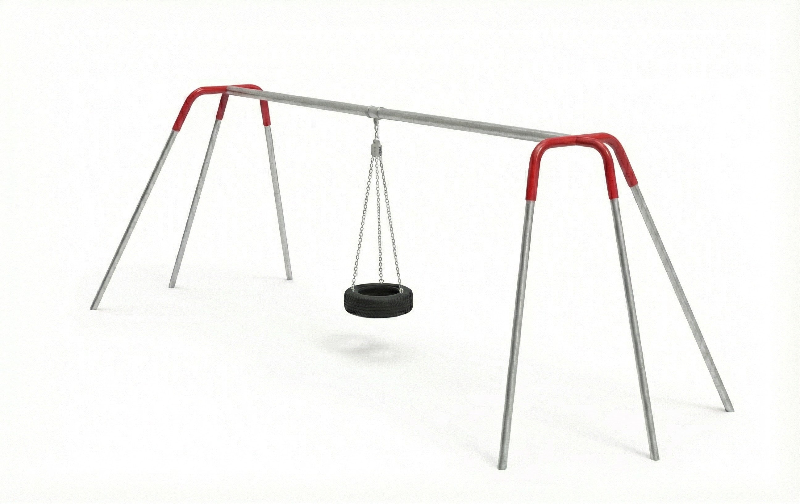 Heavy Duty Tire Swing with galvanized steel tripod frame and black tire suspended by chains for commercial playgrounds