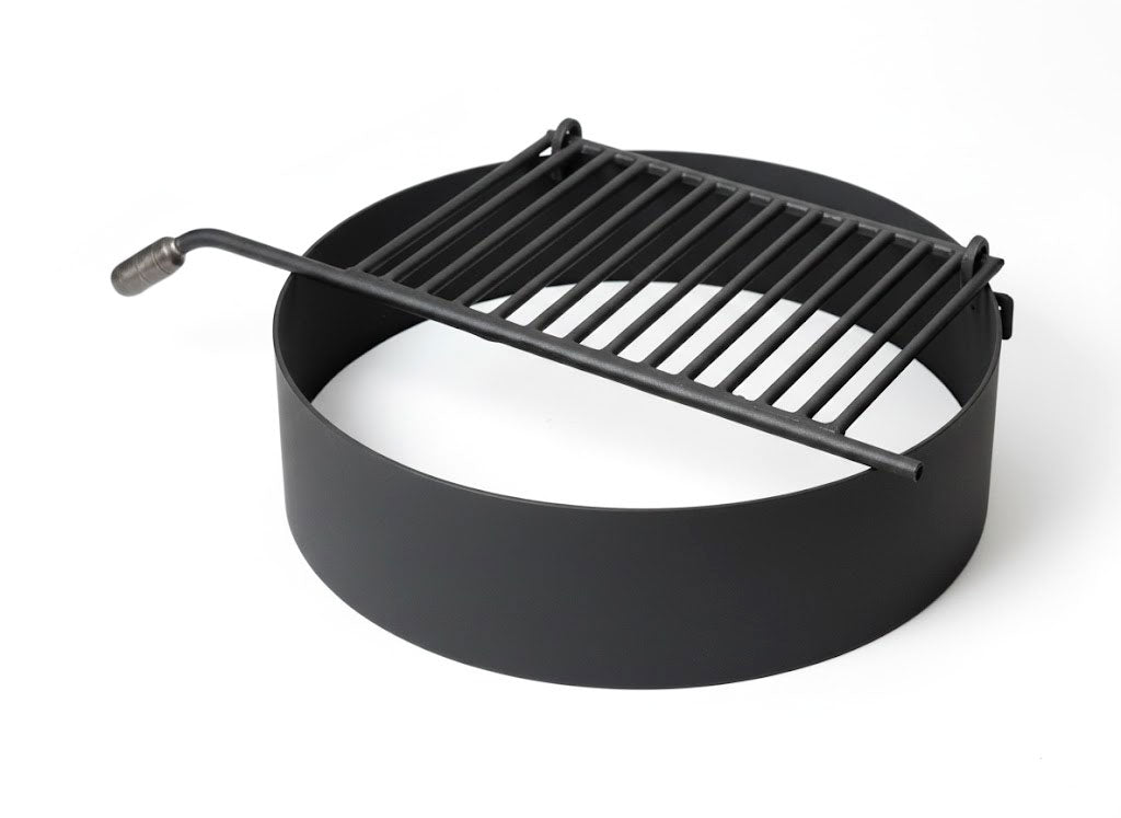 Fire Ring with Flip-back Grate featuring black rust-resistant powder-coated firebox, attached cooking grate with cool-coil handle, and flip-back grate design