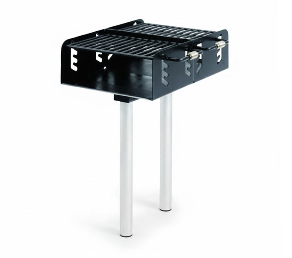 Dual Grate Pedestal Grill with black powder-coated firebox, two galvanized iron posts, and adjustable cooking grates