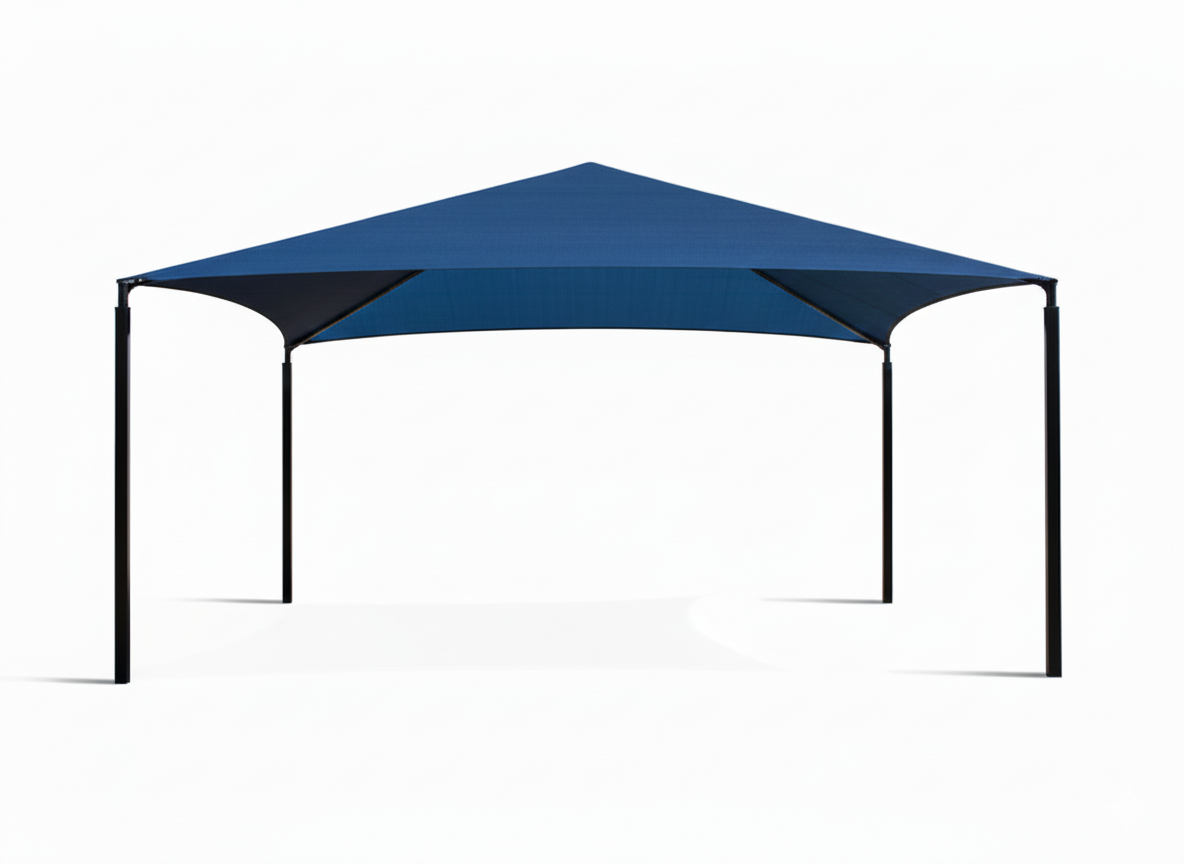 Hip Roof Shade Structure with 4 black posts and blue fabric canopy blocking UV rays, ideal for playgrounds and picnic areas