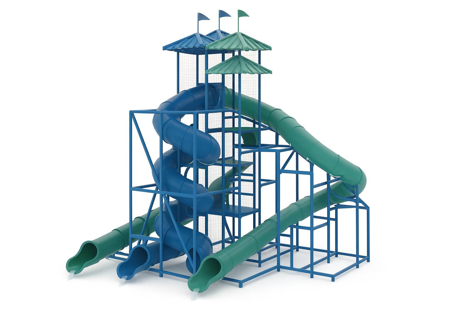 The Atlantic Ocean Water Slide with three distinct blue and green spiral and curved slides supported by a metal frame structure