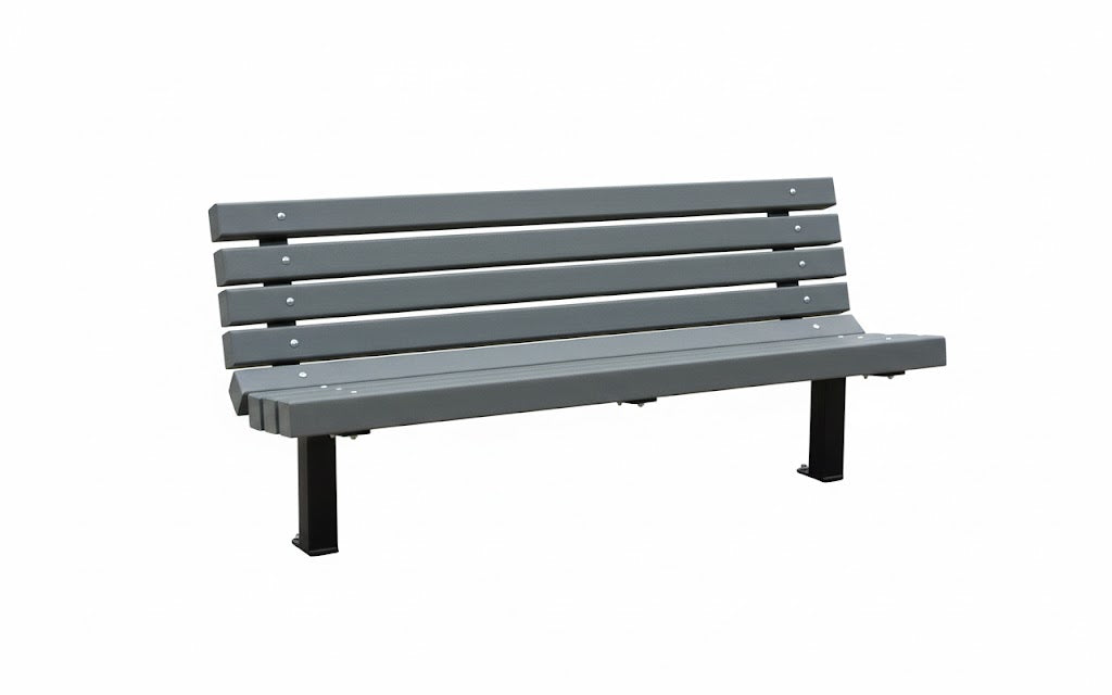 Recycled Bench with Back featuring gray recycled planks and black welded metal frame, durable outdoor park seating