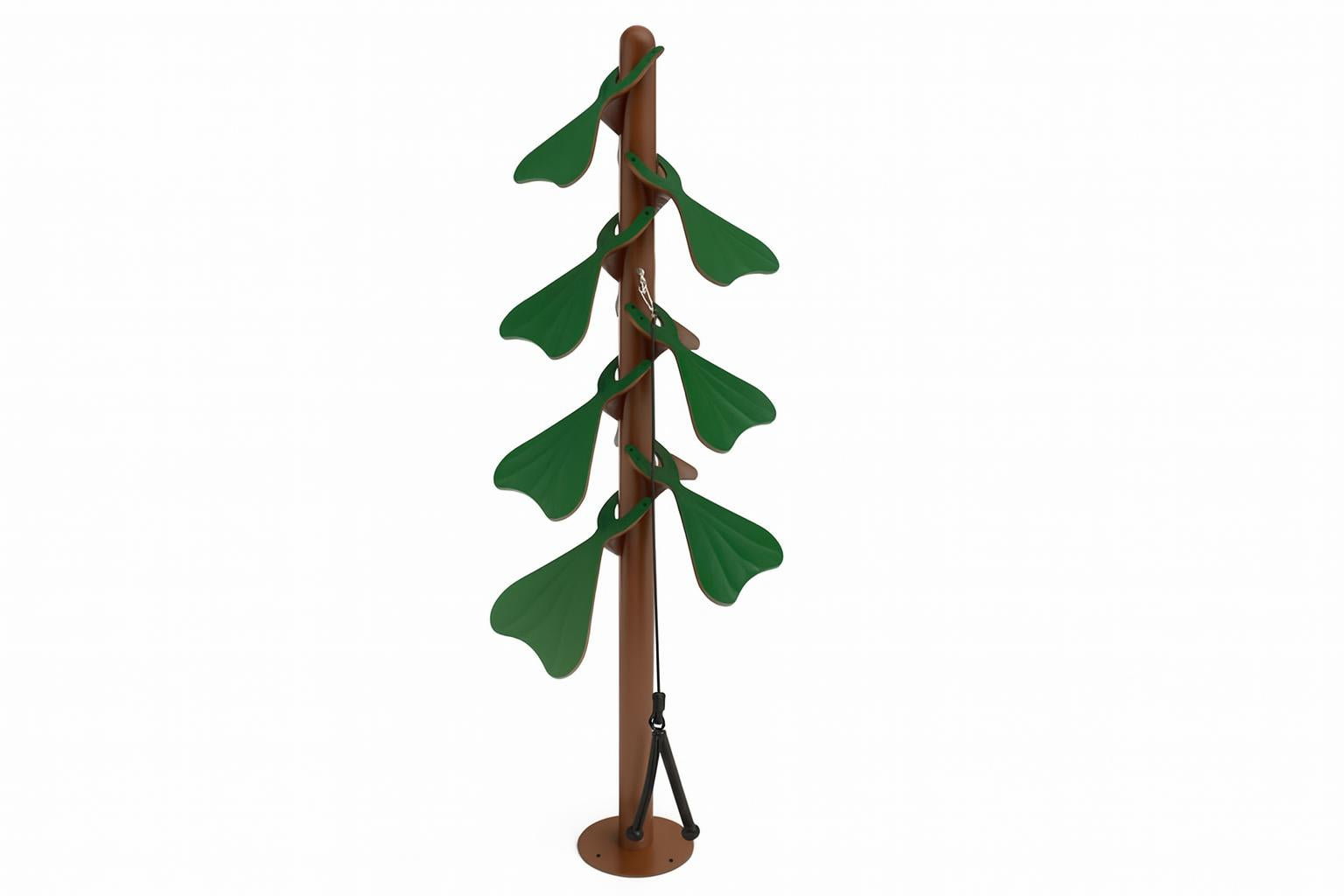 Tenor Tree Outdoor Musical Park Instrument with brown tree trunk and green anodized aluminum leaf chimes for interactive outdoor play