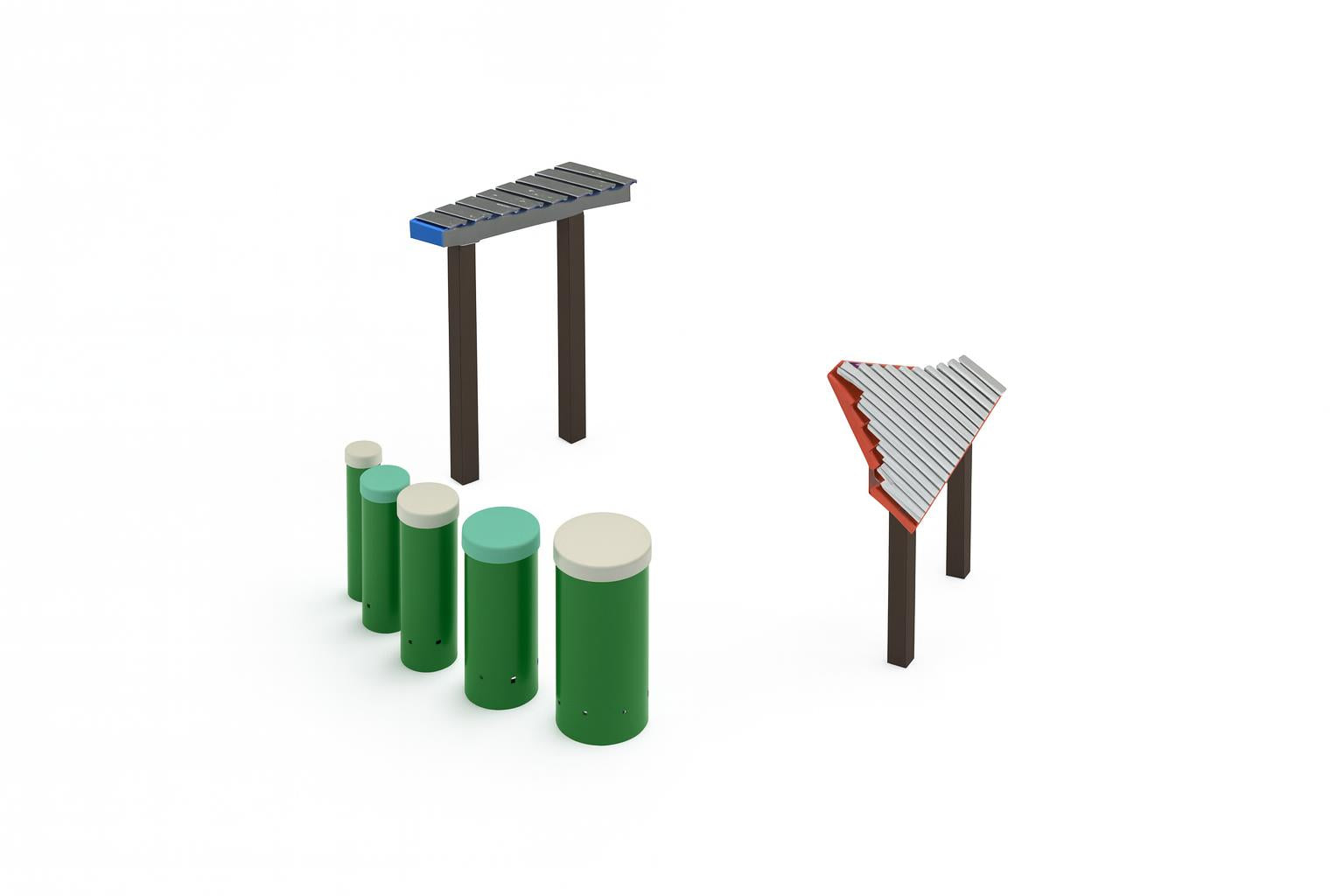 Starter Collection Outdoor Musical Park Instrument with green drums, blue and red metal chimes on brown supports in a park setting