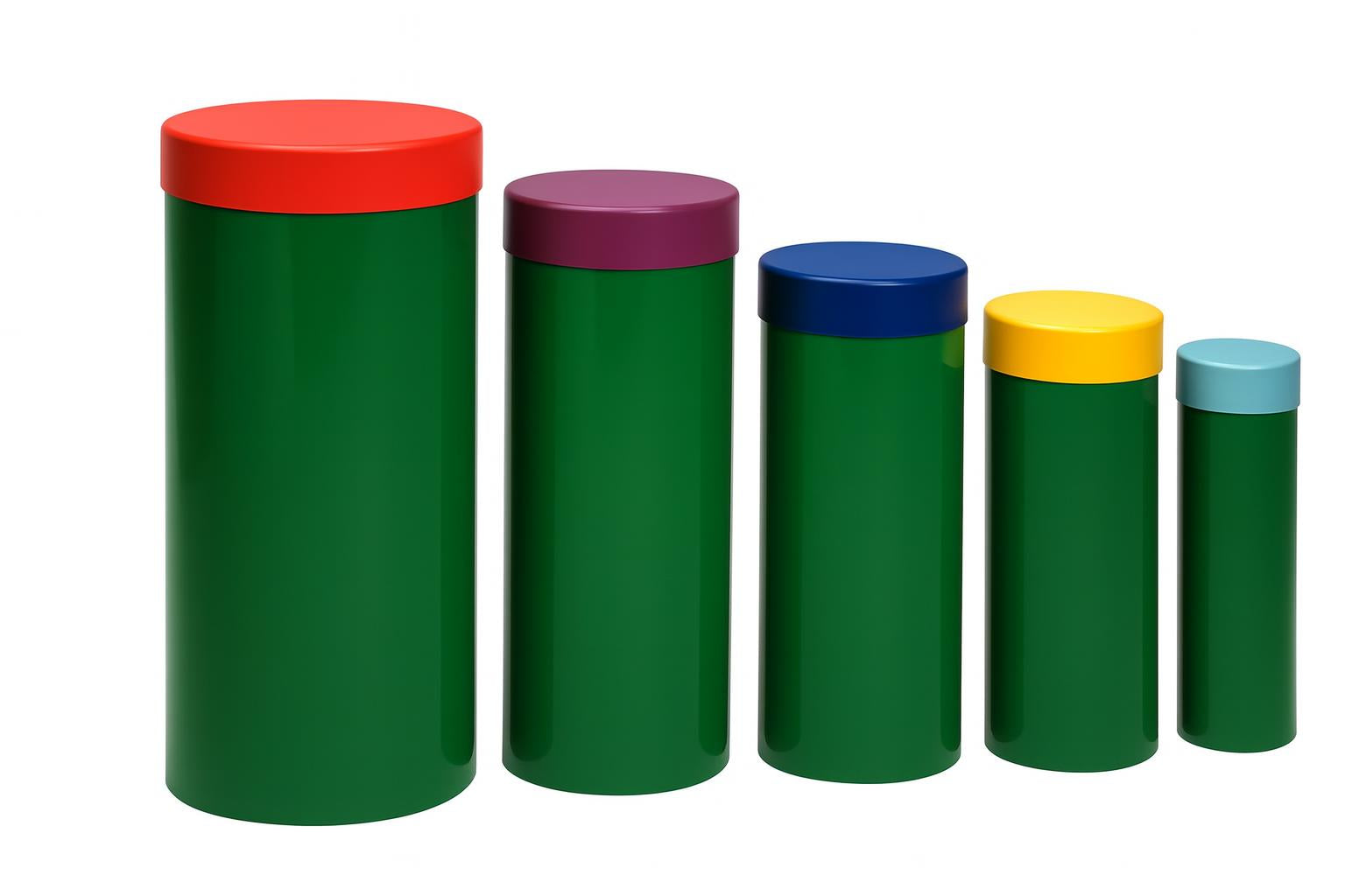 Starter Collection Outdoor Musical Park Instrument with five colorful cylindrical drums in green, topped with red, purple, blue, yellow, and light blue.