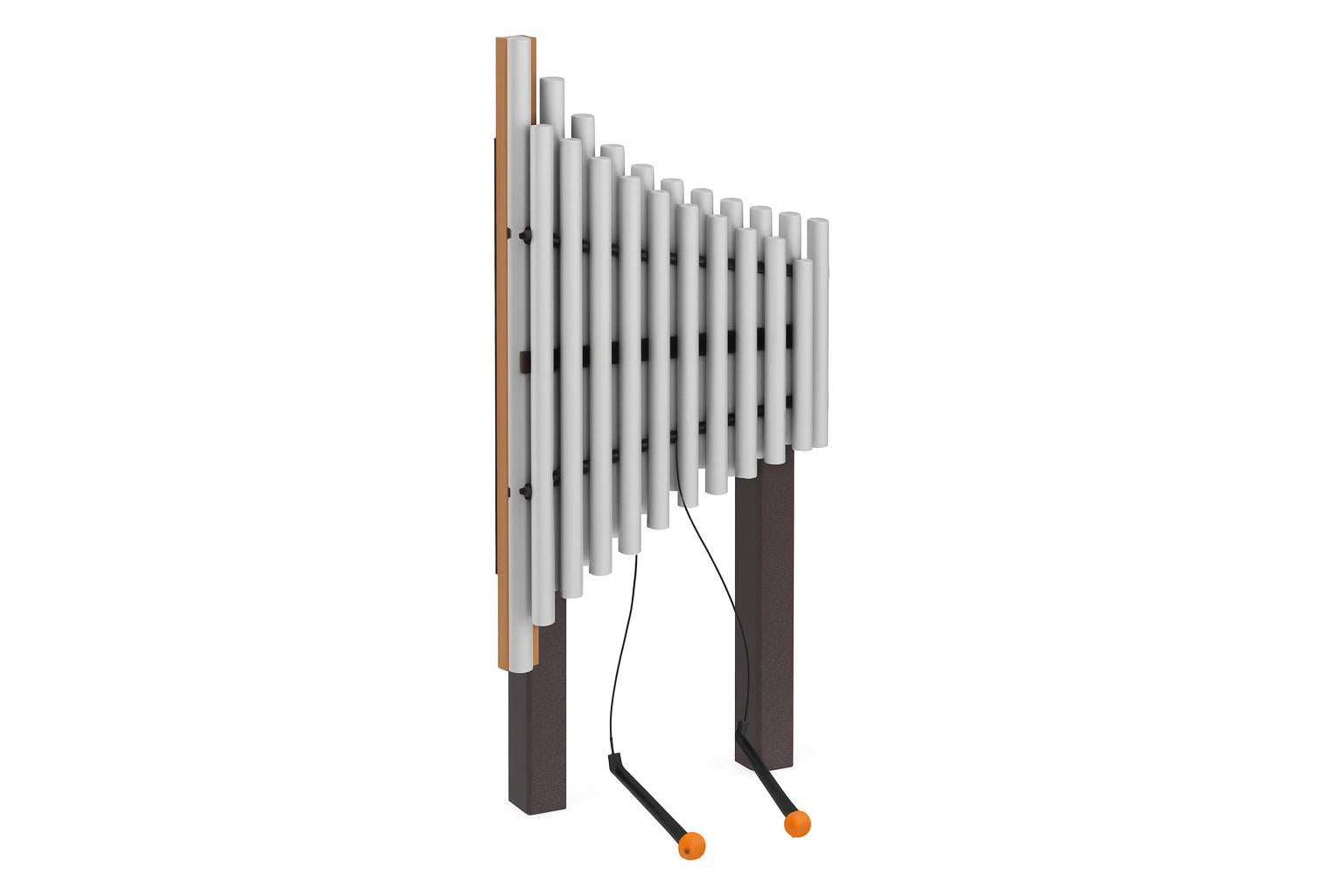 Weenotes Collection Outdoor Musical Park Instrument with metal chimes and two mallets on dark posts, designed for preschool sensory play and musical discovery.
