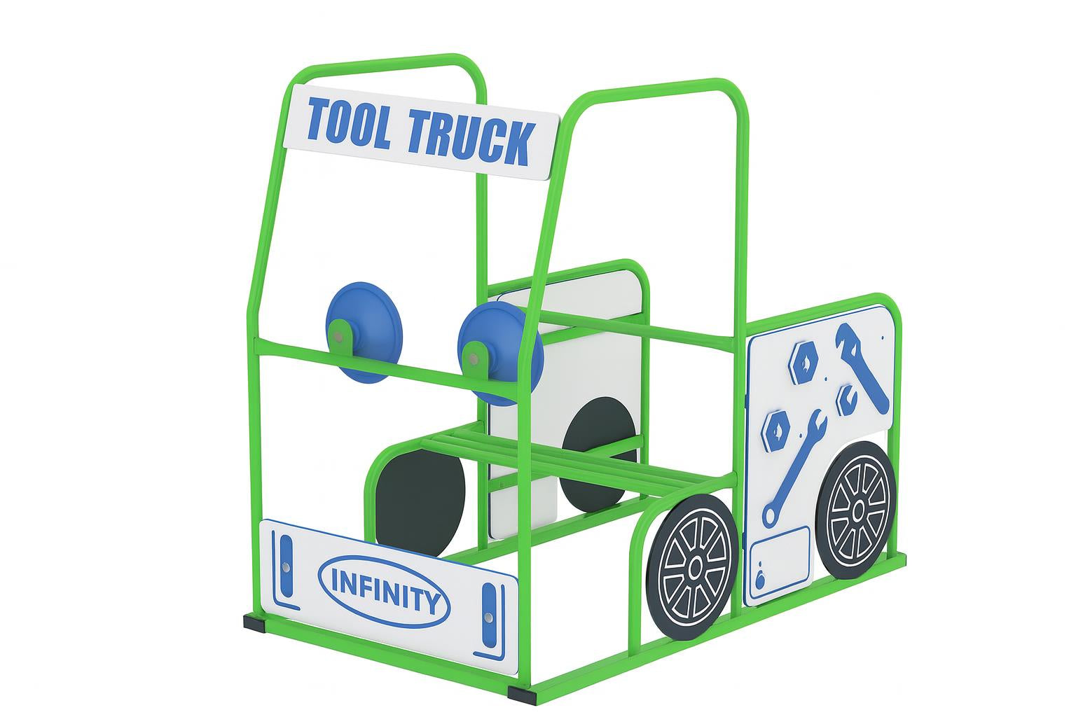 Tool Truck outdoor play structure with green frame, blue tool graphics, and interactive panels for educational play
