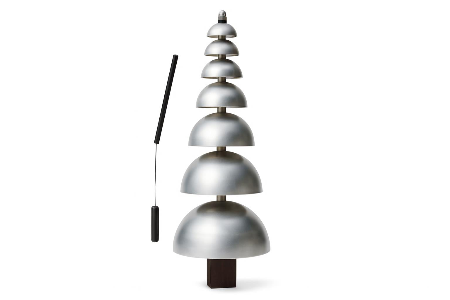 Pagoda Bells Outdoor Musical Park Instrument with vertical silver aluminum bells and black mallet, designed for outdoor musical play and calming tones.
