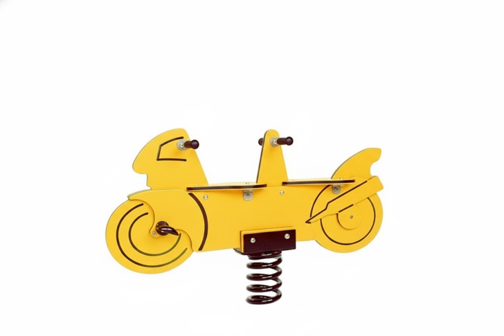 Yellow Motorcycle 2 Person Spring Rider with dual seats, steering handles, foot rests, and central spring base playground equipment