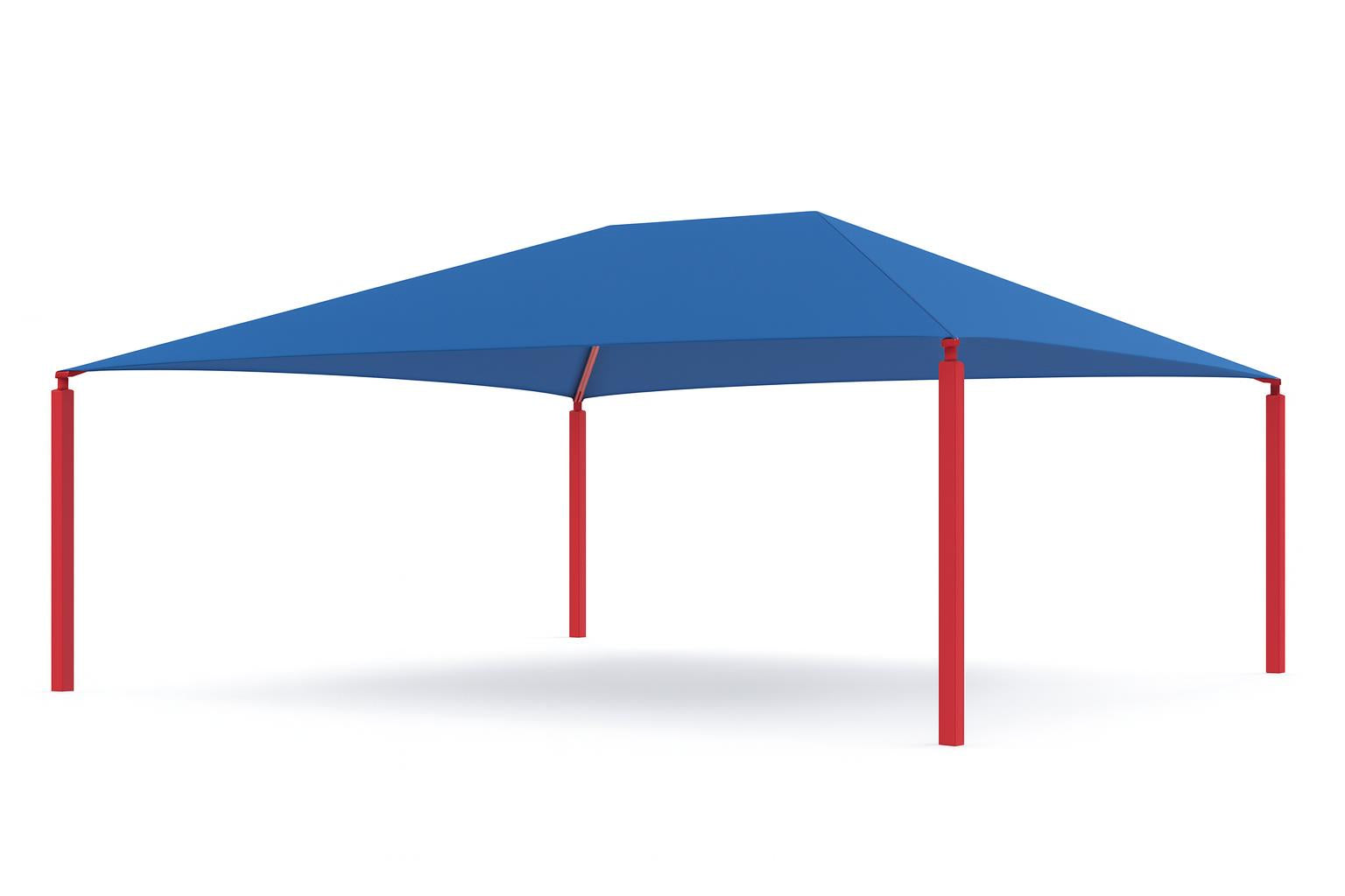 Hip Roof Shade Structure with 4 red posts and blue rectangle hip roof fabric providing UV protection for playground and picnic areas